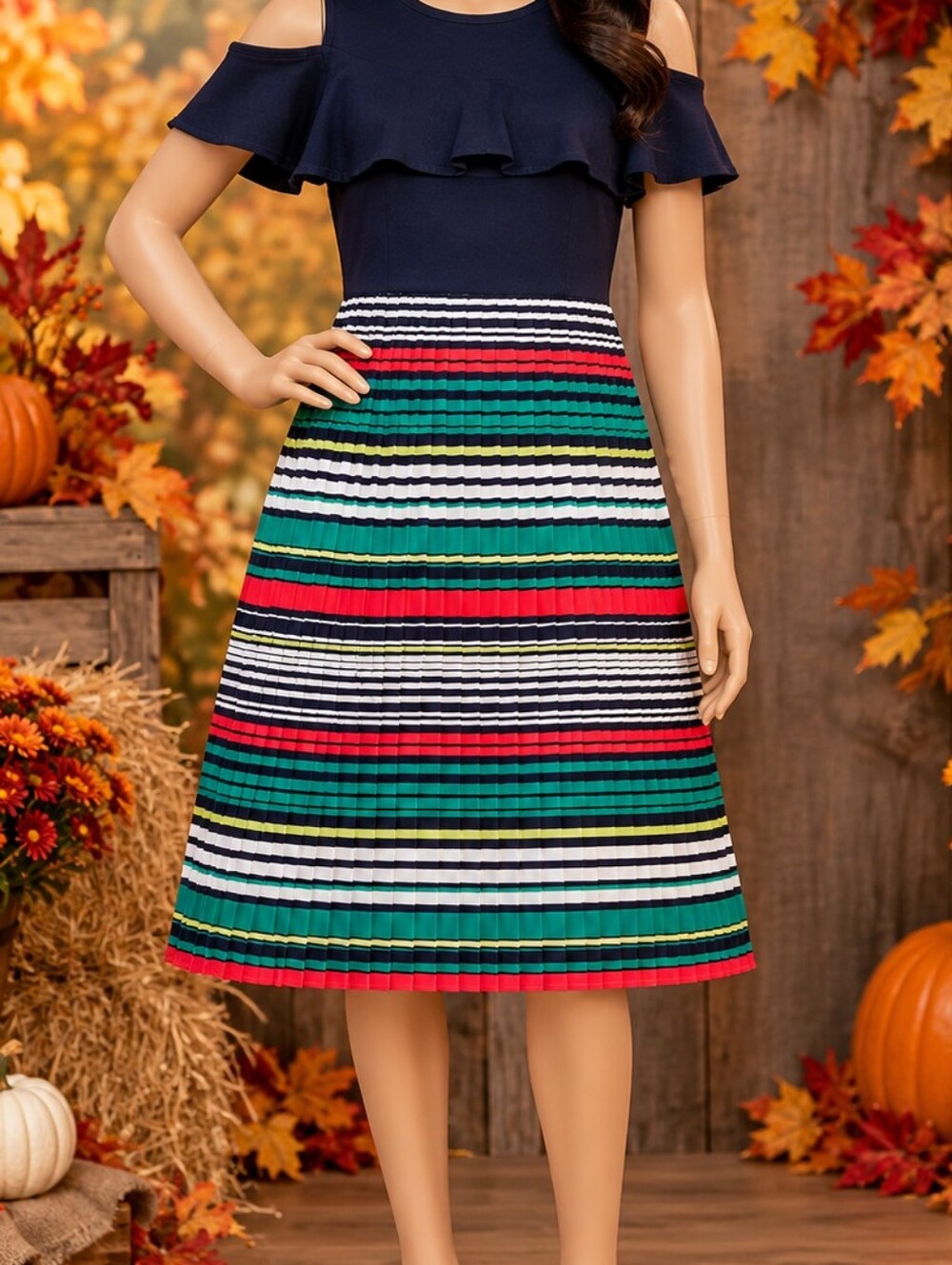 Cold-Shoulder Navy Top with Multi-Stripe A-Line Skirt